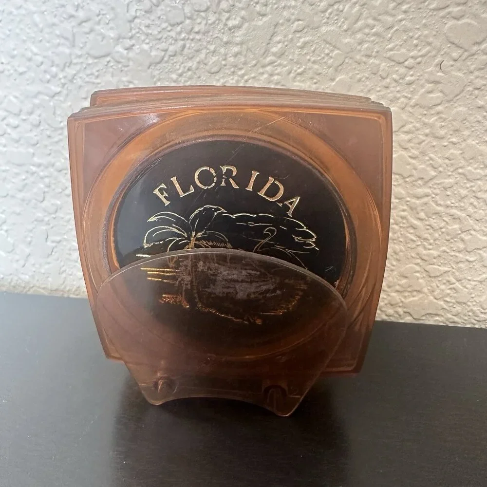 Vintage Amber Plastic Florida Map Souvenir Coasters Made‎ in Hong Kong